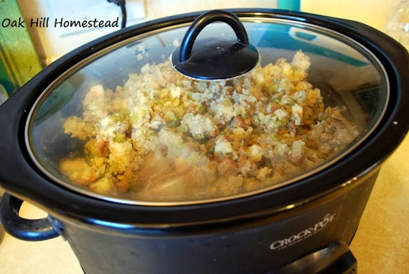 closed slow cooker full of stuffing