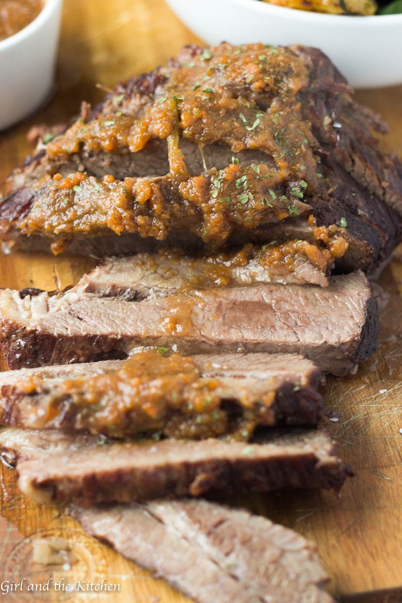 close up of sliced brisket on cutting board