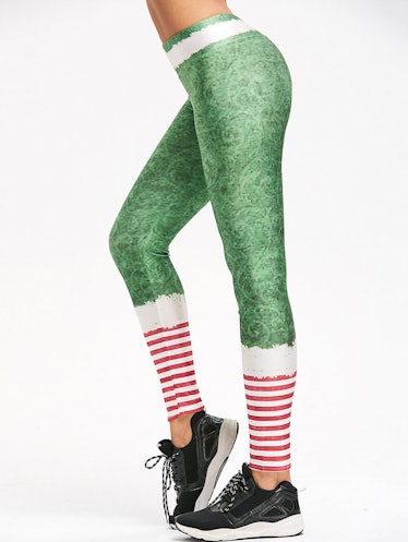Striped Belt Print Christmas Leggings - Green