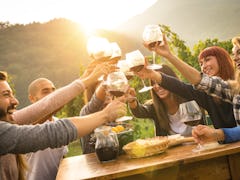 A group of friends gathered around a wooden table clink their wine glasses together to "cheers." 