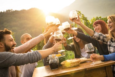 A group of friends gathered around a wooden table clink their wine glasses together to "cheers." 