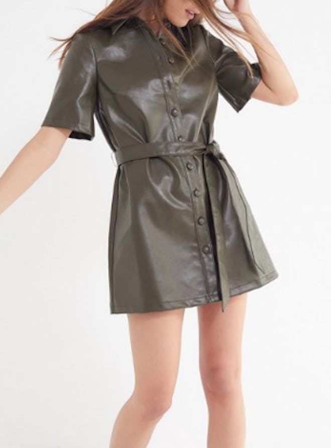 Faux Leather Button-Down Shirt Dress
