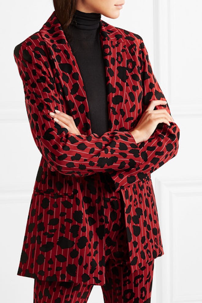 Leopard-Print Pinstriped Stretch-Twill Blazer