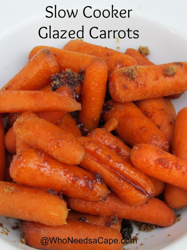 close up of baby carrots glazed with brown sugar in white bowl