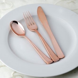 BalsaCircle Metallic Rose Gold 30 pcs Spoons, Forks, and Knives Disposable Silverware
