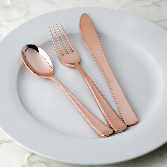 BalsaCircle Metallic Rose Gold 30 pcs Spoons, Forks, and Knives Disposable Silverware