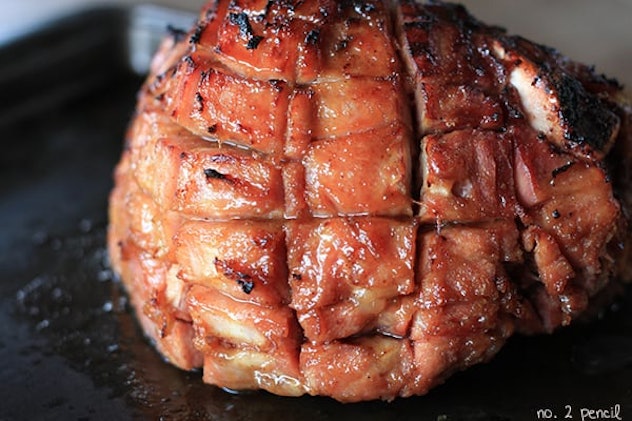 glazed juicy ham on pan