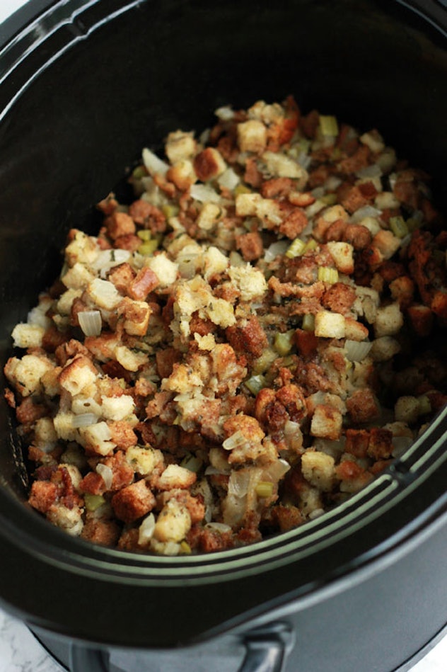 close up shot of stuffing in crock pot