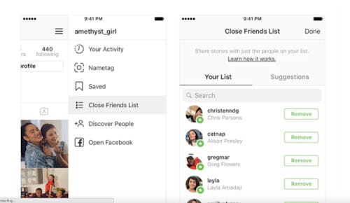 Instagram's Close Friends feature including Green Rings
