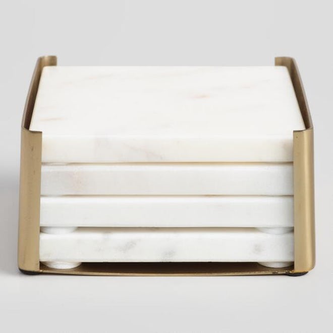 White Marble Square Coasters In Gold Holder Set Of 4