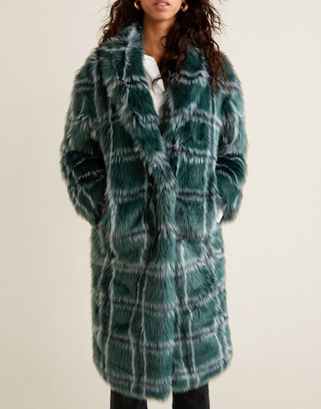 Checked Faux Fur Coat