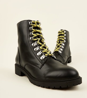 Black Leather Look Contrast Lace Hiker Boots