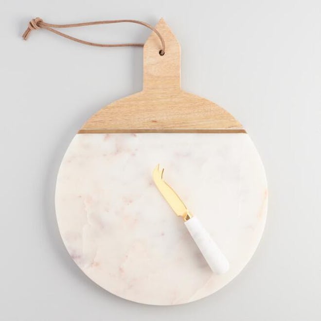 White Marble And Wood Cheese Board And Knife Set