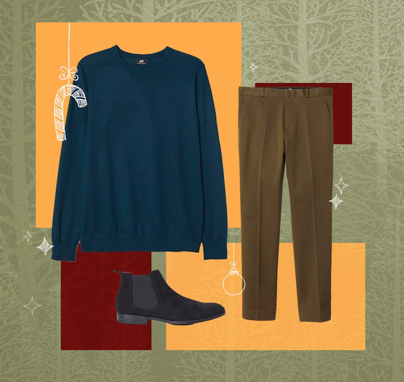 A collage of H&M Outfit, cozy sweater, tailored pants and polished Chelsea-style boots