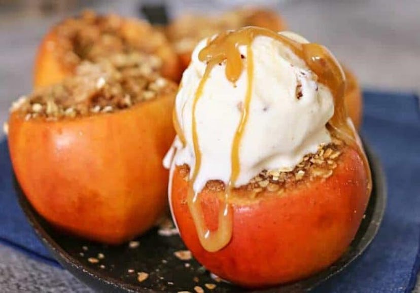 Thanksgiving Desserts: Apples with the top cut off and filled with crushed nuts and ice cream on top...