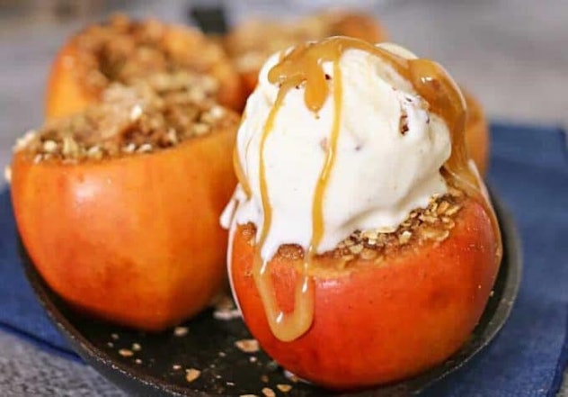 Thanksgiving Desserts: Apples with the top cut off and filled with crushed nuts and ice cream on top...