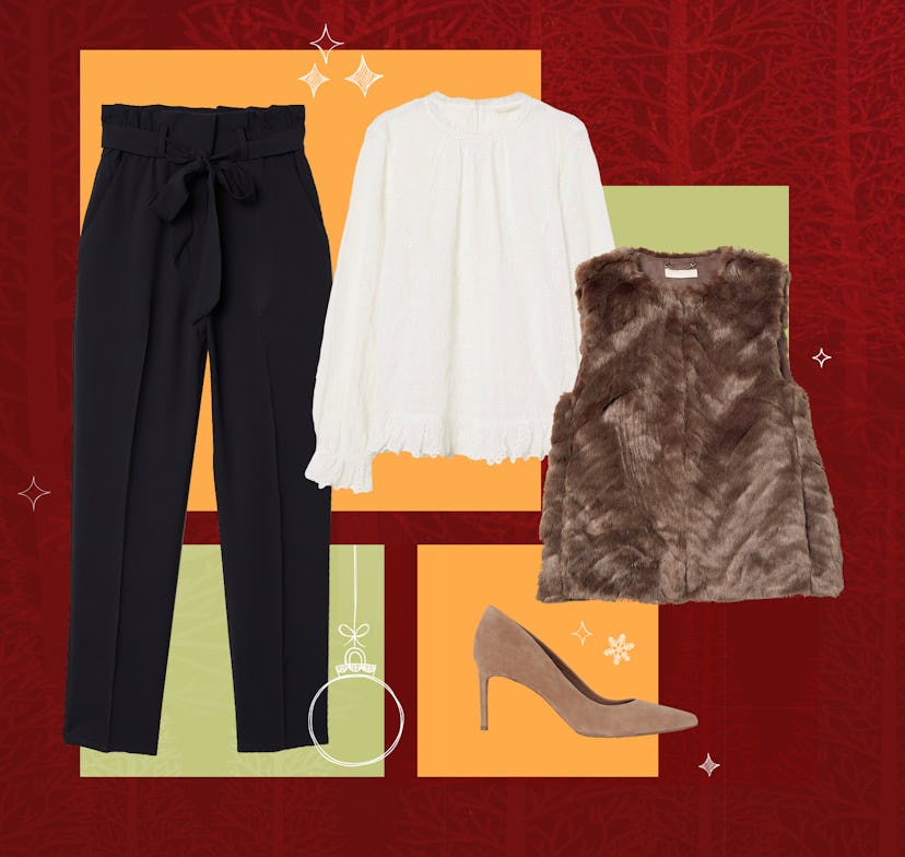 Festive collage of H&M outfit,  tailored slacks, ruffled blouse, and luxe faux fur vest