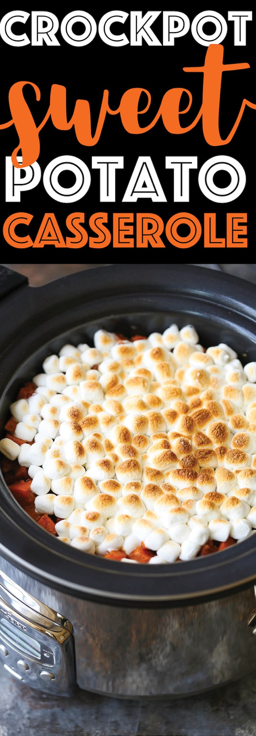 crockpot fullf of sweet potato chunks covered in slightly toasted mini marshmallows