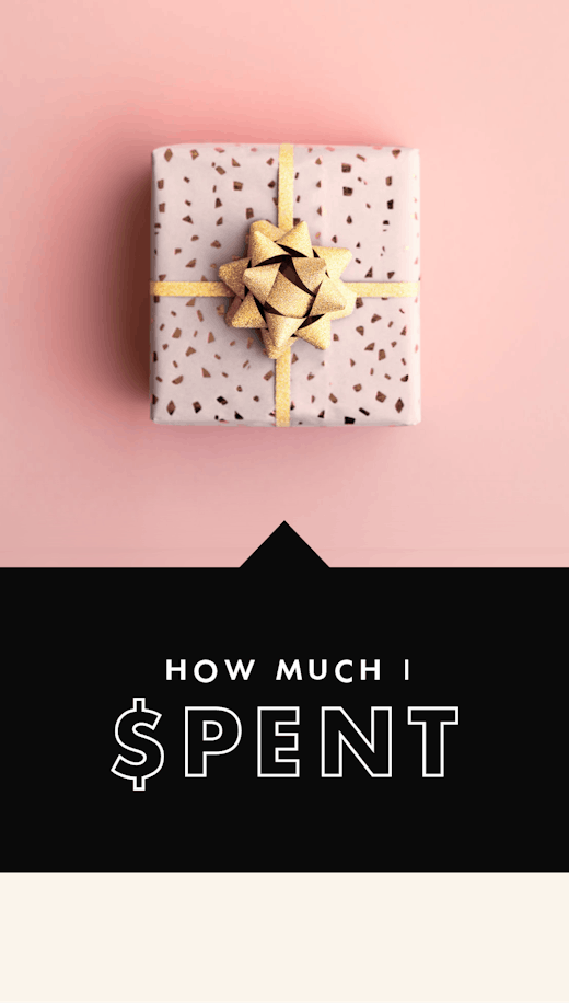 A gift packed in paper and "how much I $pent" text
