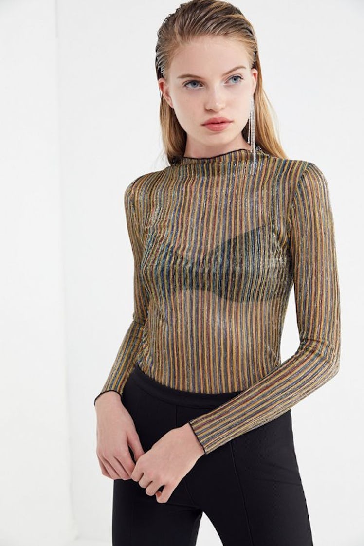 UO Presley Striped Metallic Long Sleeve Top