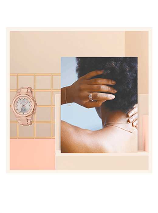 A Casio pink women's watch and a lady with a lot of rings and necklaces
