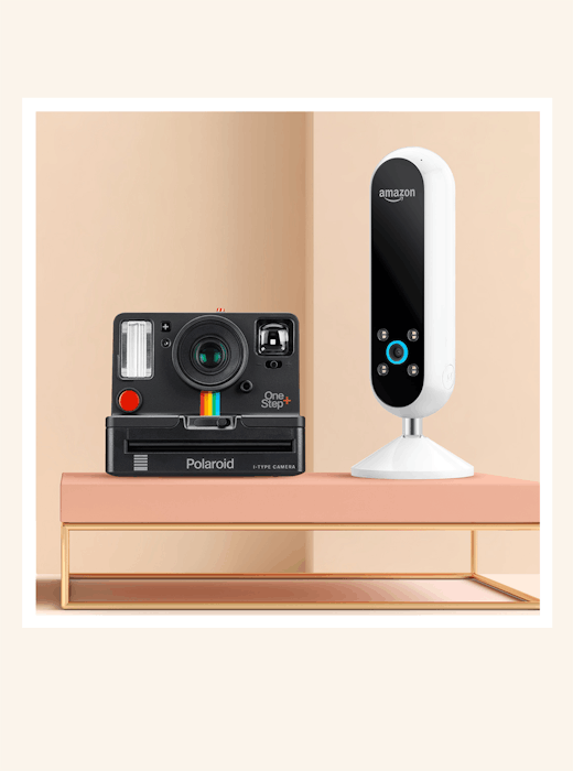 A black Polaroid OneStep+ camera and a white Amazon Echo smart speaker