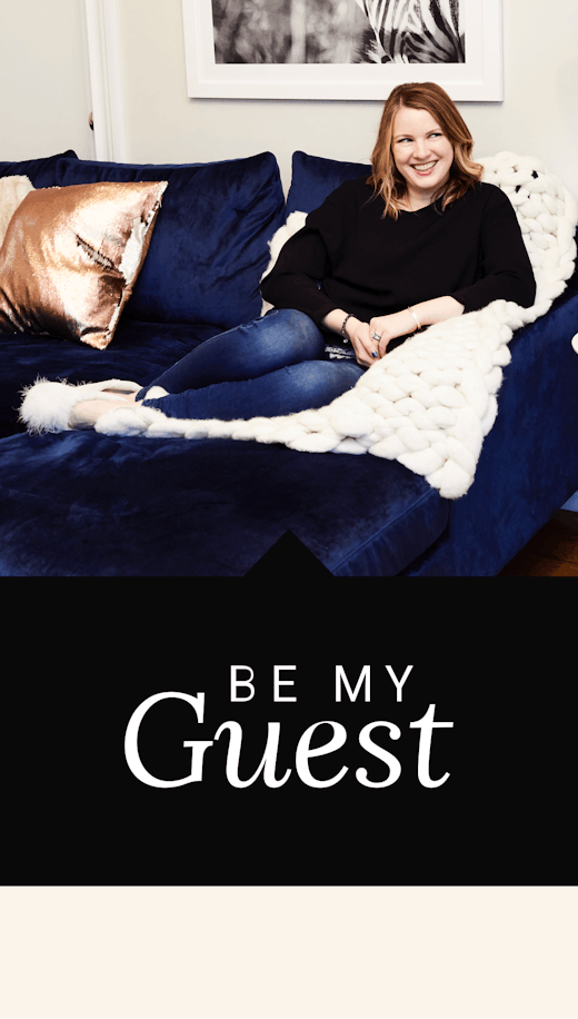 A woman sitting on her couch and a "be my guest" text