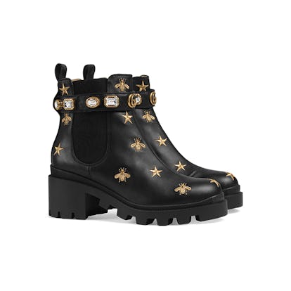 Embroidered leather ankle boot with belt