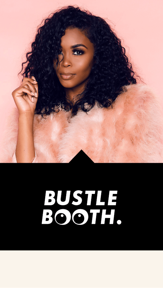 Nafessa Williams in a pink leather jacket and "Bustle booth" text