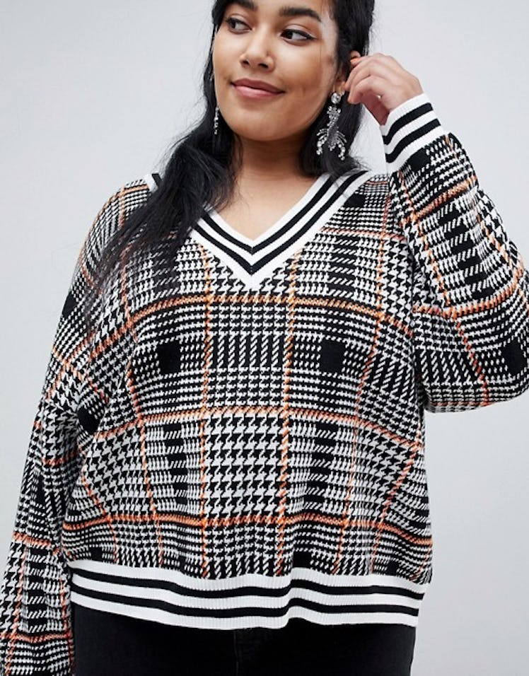 ASOS DESIGN Curve Checked V Neck Sweater with Tipping