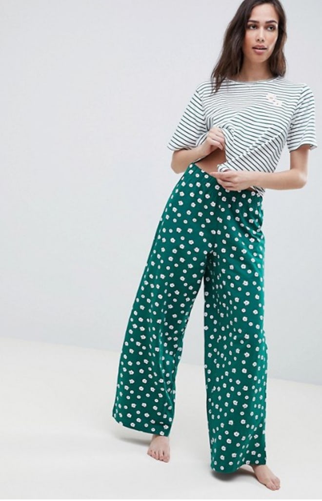 ASOS Design Stripe Tee And Floral Wide Leg Trouser Pyjama Set