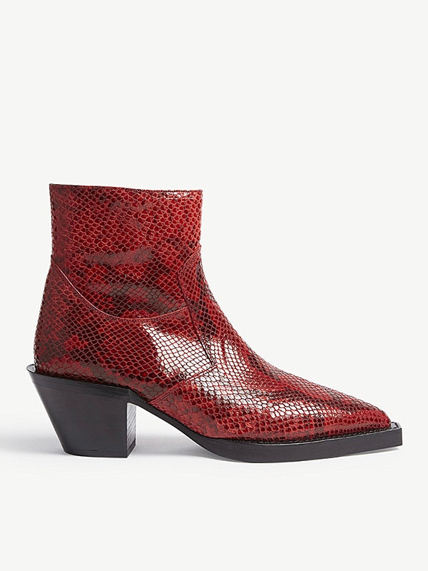 red snakeskin ankle boots