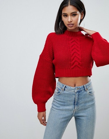 Misguided Balloon Sleeve Cable Knit Cropped Sweater in Red