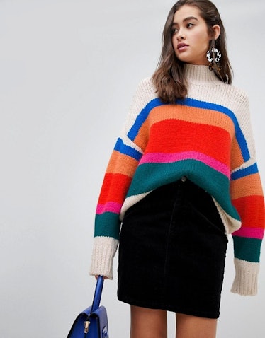 New Look High Neck Sweater in Cream Stripe