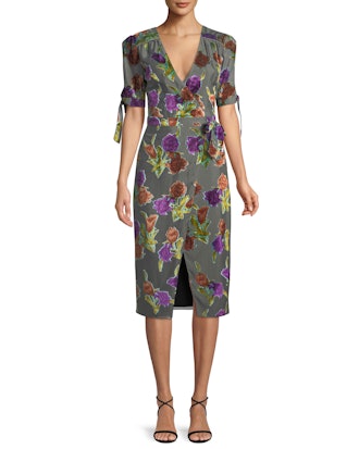 Floral Burnout Velvet Wrap Dress With Short Sleeves