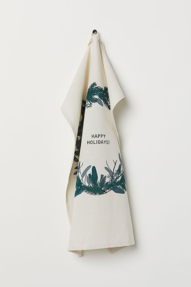 Printed Tea Towel in Natural White/Wreath