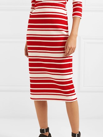 Striped Ribbed-Knit Midi Skirt
