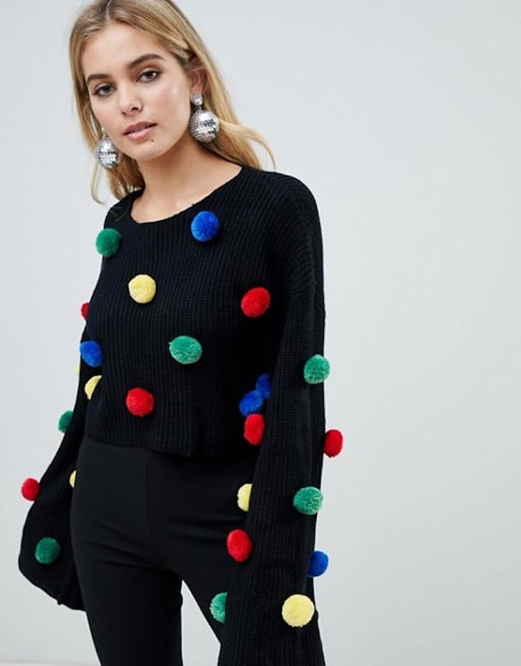 PrettyLittleThing Holidays Sweater With Pom Poms in Black