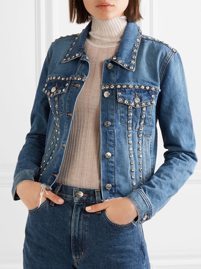 Cara Cropped Crystal-Embellished Frayed Denim Jacket