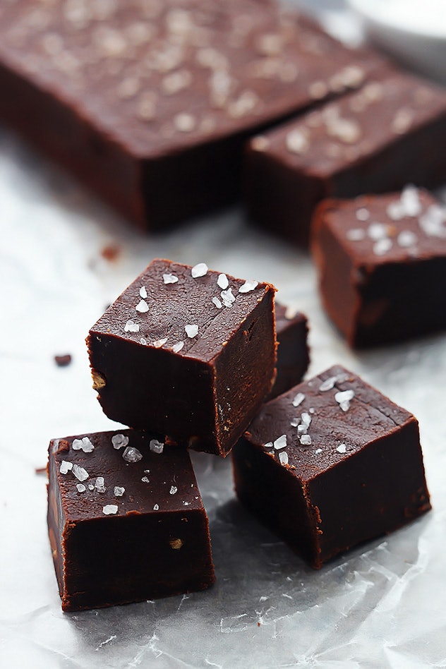 Thanksgiving Desserts: Cubes of fudge on wax paper sprinkled with coarse salt