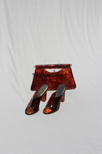 Lucite Tortoise Mules And Clutch