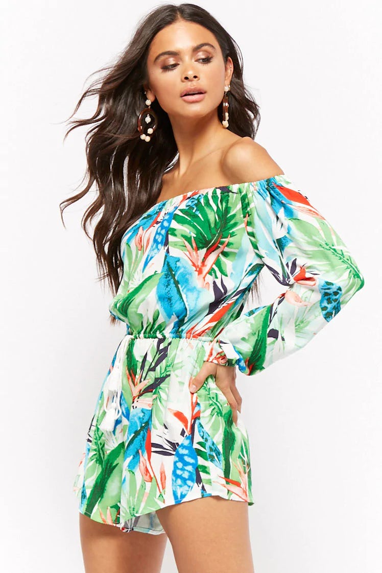 Foliage Print Off-The-Shoulder Romper