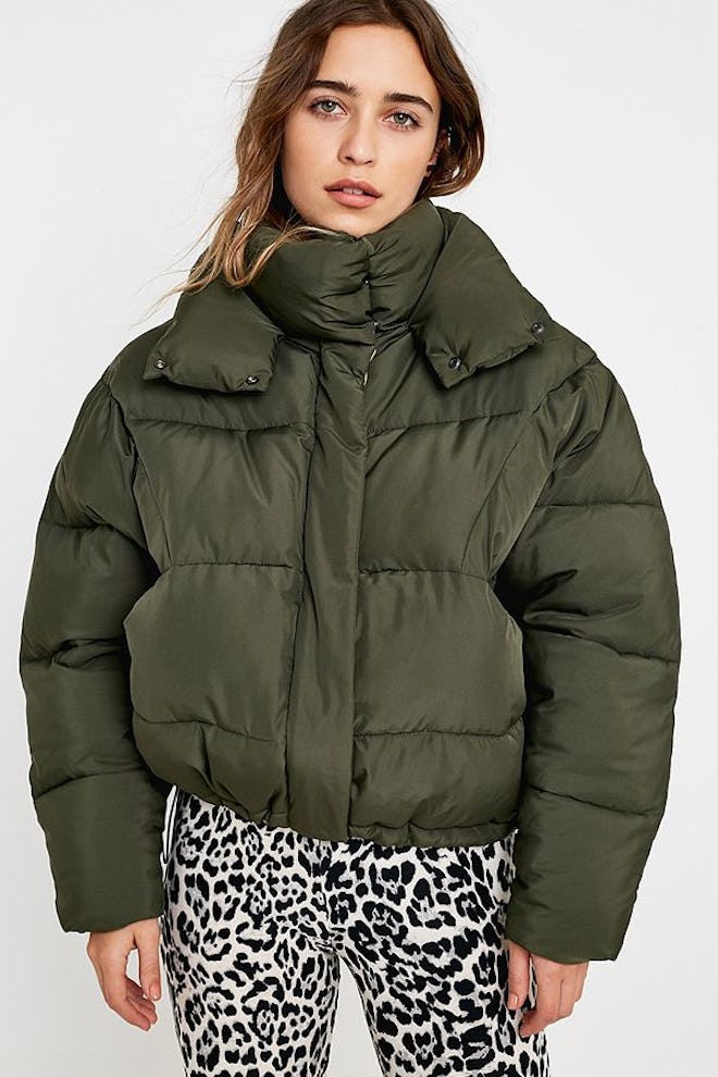 Khaki + Lime Contrast Lined Pillow Puffer Jacket