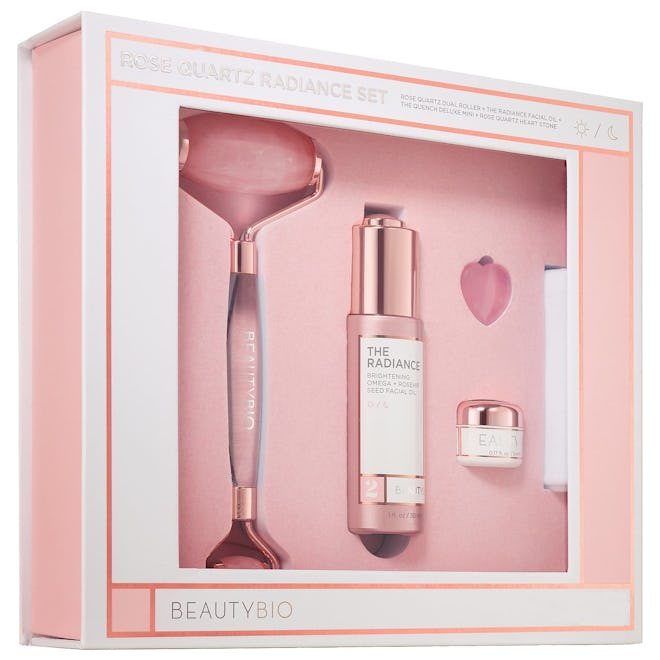 Beauty Bio Contouring Rose Quartz Roller and Radiance Rosehip Seed Facial Oil Set