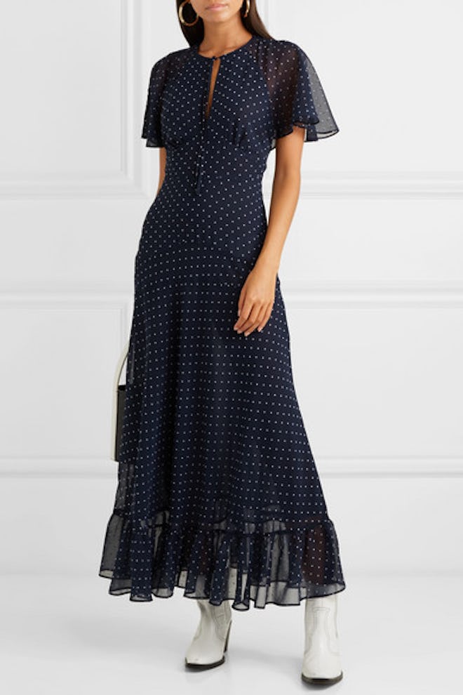 Cape-Effect Ruffled Polka-Dot Crepe Dress