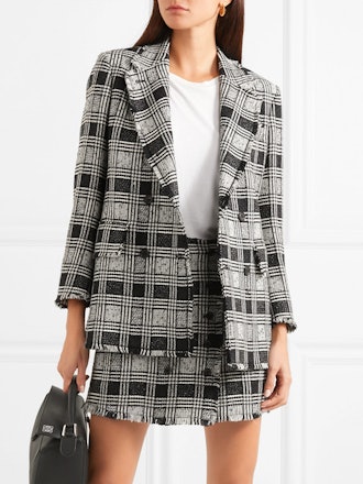 Frayed Checked Double-Breasted Wool-Blend Tweed Blazer