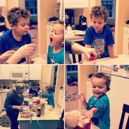 Collage of photos with kids helping their mom making cookies 