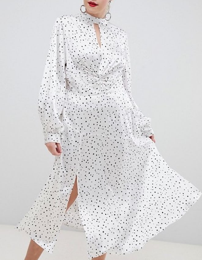 High Neck Twist Front 70s Sleeve Maxi Dress In Spot