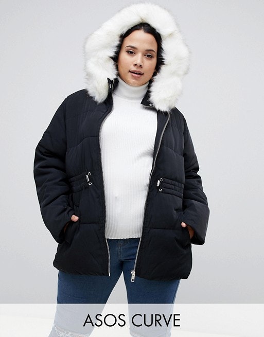 cropped puffer jacket with fur hood