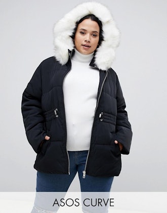 Curve puffer jacket with waist detail and faux fur hood